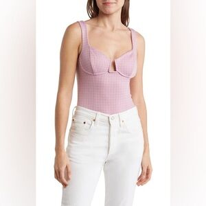 NWOT ASTR Aria Pink/Lilac Gingham Print Bodysuit Size XS